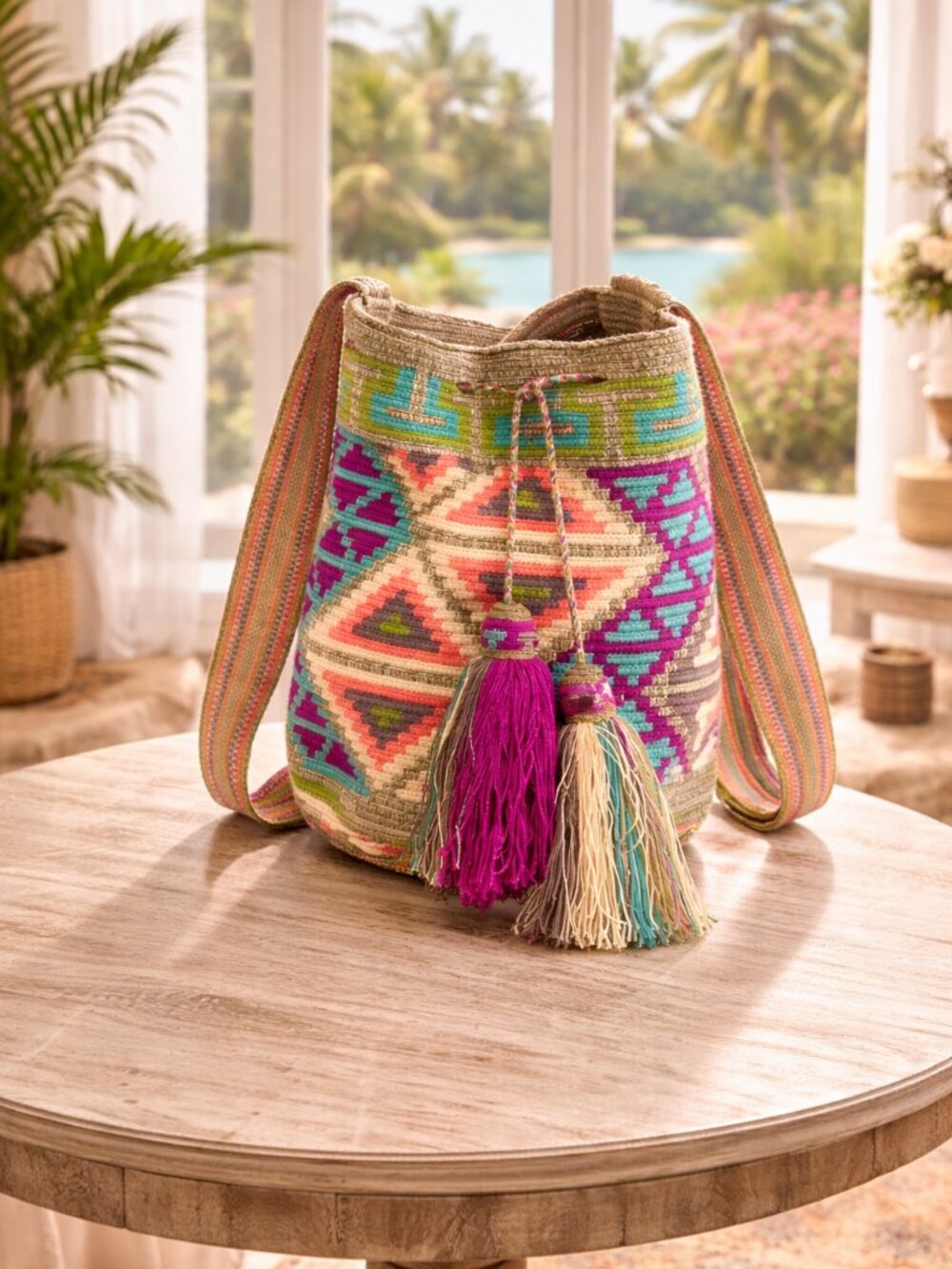Chila Colombina Wayuu Mochila Bag Handmade Woven Crossbody Tassels‎ Large NEW
